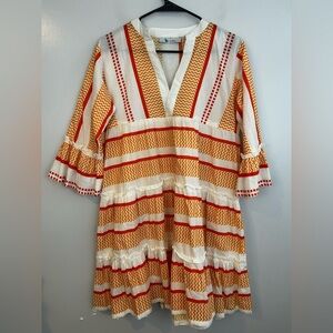 Bindu Orange Glenda A-line Tiered Ruffle V-neck Striped/Chevron Mini Dress Large